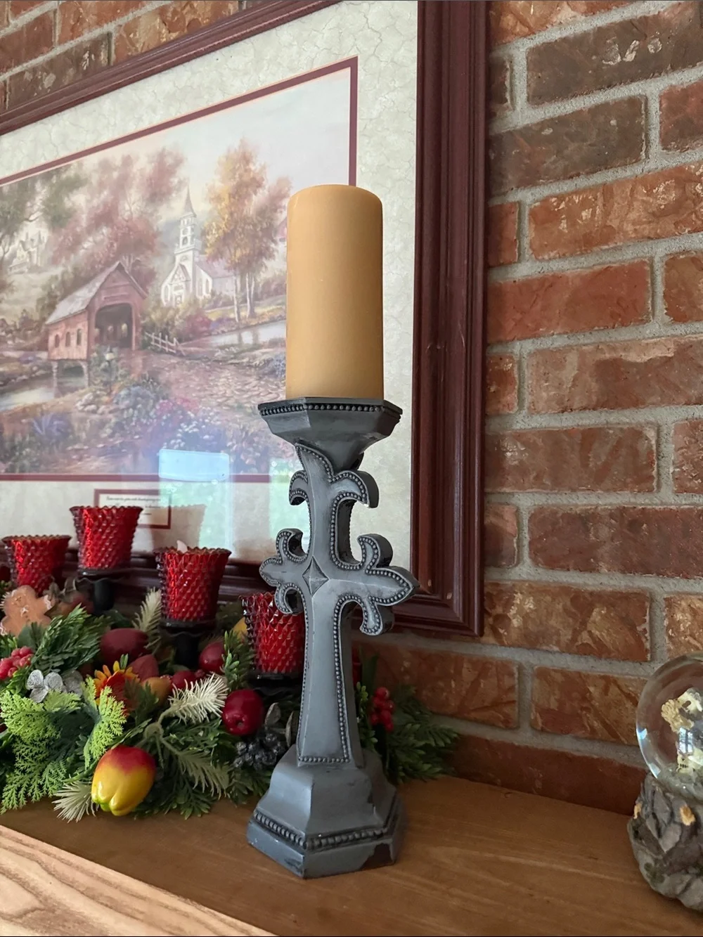 Vintage 80s Gothic Fleur-de-Lis Grey Stone-Look Cross Candle Holder - 18
